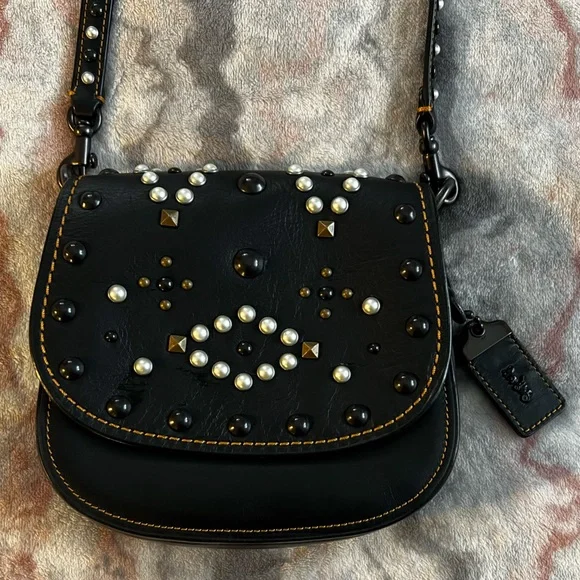 Coach VINTAGE Black Leather Crossbody Bag with Studs and Pearls - Picture 3 of 16